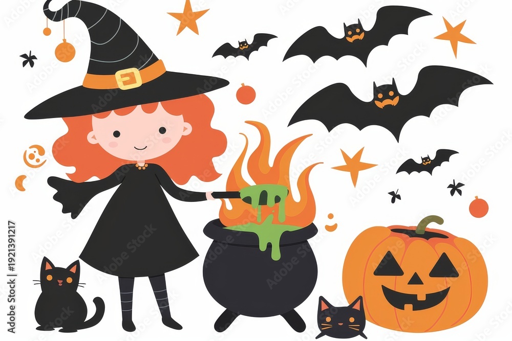 Fototapeta premium Cute witch brewing green potion with cauldron cat bats pumpkin kawaii cartoon flat vector icon sticker