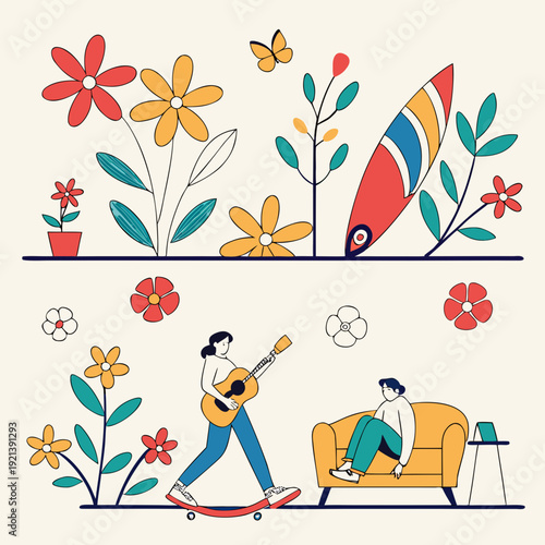 A man plays guitar while another relaxes on a couch in a colorful scene Vector