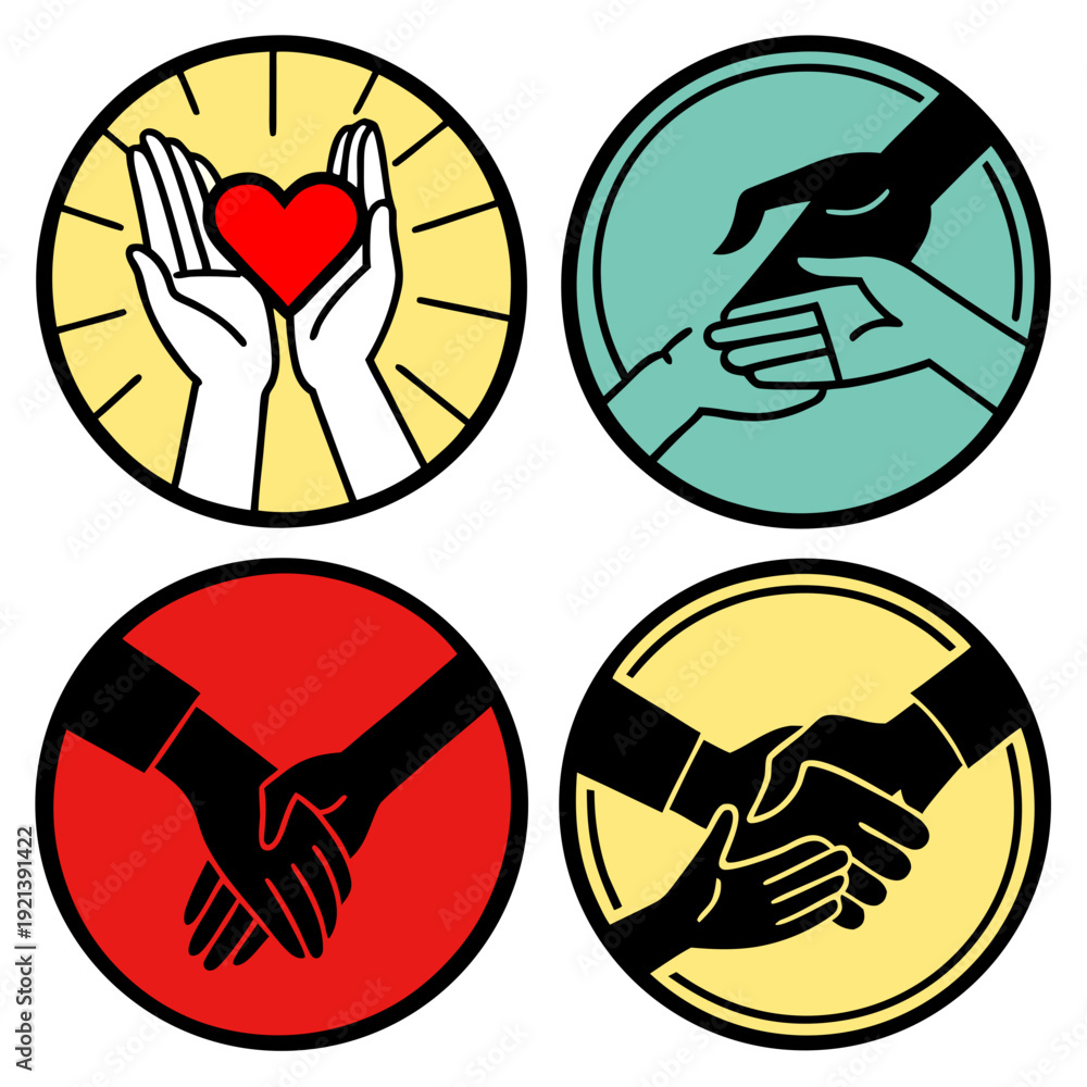 Fototapeta premium Four circular icons depicting hands and a heart in different colors Vector