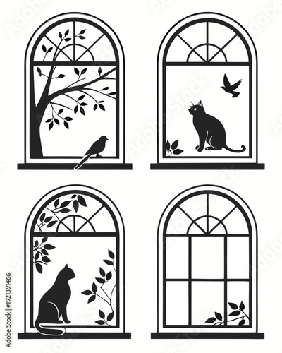 Four black and white cat silhouettes looking out of windows Vector