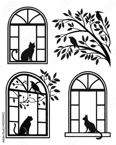 Cats looking out of windows at birds on a tree branch Vector