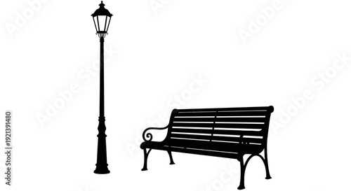 Black Metal Bench and Lamp Post.