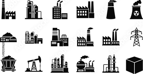 Industrial Factory Icons Showing Manufacturing Plants and Energy Production industry