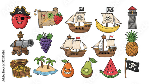 Whimsical Pirate Fruit Adventure: A playful assortment of pirate-themed fruits and elements, illustrating a fun and imaginative world. 