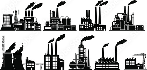 Industrial Factory Silhouettes with Smokestacks and Cooling Towers building