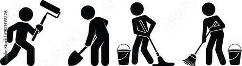 Illustration of four people performing different construction and cleaning tasks