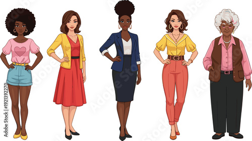Diverse Women Character Set Vector Illustration Featuring Different Ages, Styles, and Ethnicities for Fashion and Lifestyle Design