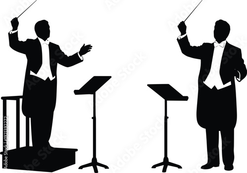 Conductor silhouettes with music stands baton tuxedo