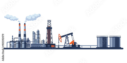 Industrial Oil Extraction and Refining Plant with Smokestacks and Tanks Keywords: oil, industry, refinery, extraction, drilling