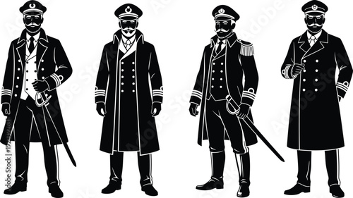 Four men in naval uniforms with swords and hats military sailors officers