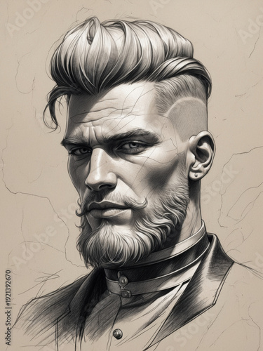 Hand drawn charcoal portrait of a handsome man with a stylish pompadour hairstyle and groomed beard. 