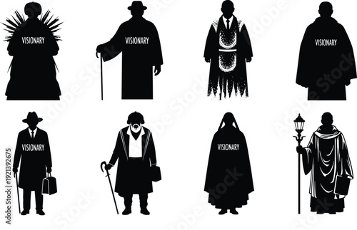 Black silhouettes of people in various robes and hats with visionary text