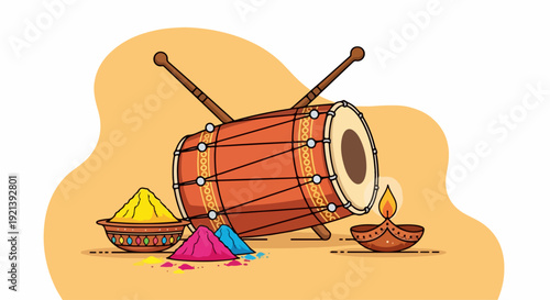 Colorful indian drum with powder and lamp on traditional background for holi festival celebration