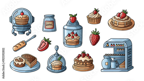 Sweet Culinary Delight: A tempting illustration showcases a collection of delectable treats, including cakes, pastries, and fresh strawberries.