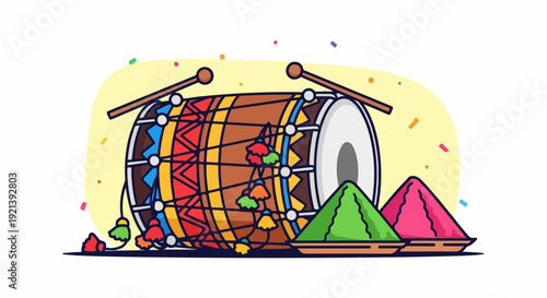 Colorful holi festival drum with powder piles and confetti on yellow background