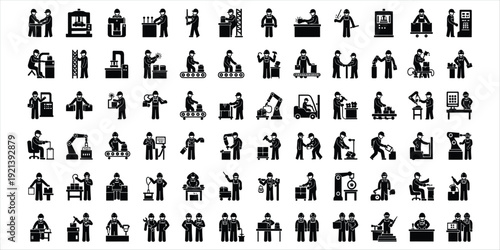 Industrial Workers and Machinery Silhouette Icons Set factory robot