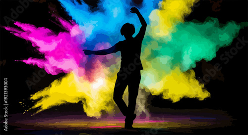Silhouette of a dancing person with colorful smoke background vibrant nightlife atmosphere with dynamic lighting