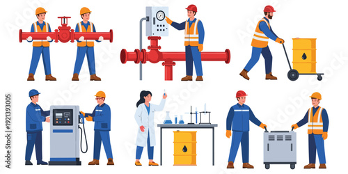 Industrial workers and equipment in a flat vector illustration style engineer technician