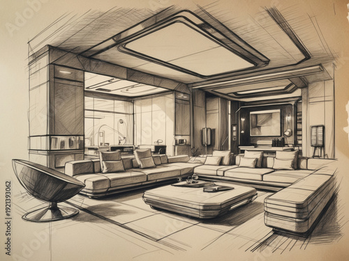 Futuristic interior sketch of a luxury spaceship lounge with sleek sofas and a central coffee table. 