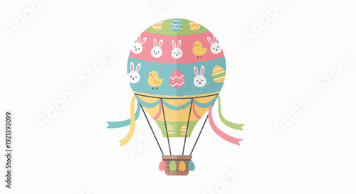 Colorful hot air balloon with easter eggs and ribbons in simple flat design style