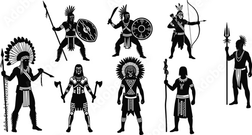 Black and white native american warriors with various silhouette tribal