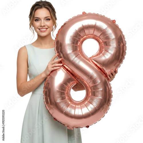 International Women’s Day Woman Holding Number 8 Balloon Isolated on White Background