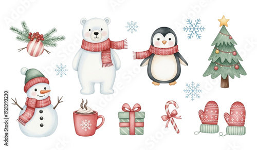 Cute Watercolor Winter & Holiday Clipart Set – Snowman, Polar Bear, Penguin & Christmas Tree