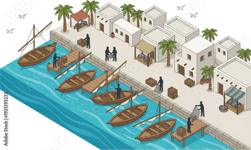Colorful 3D cartoon seaside harbor with white warehouses, palm trees, boats and people