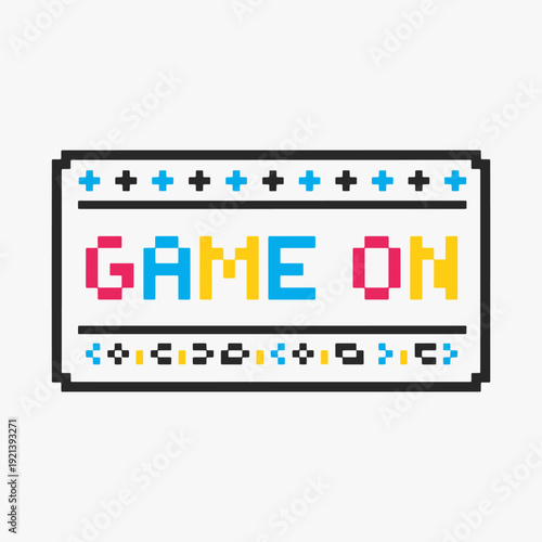 Design Retro pixel art Game On text with decorative elements.