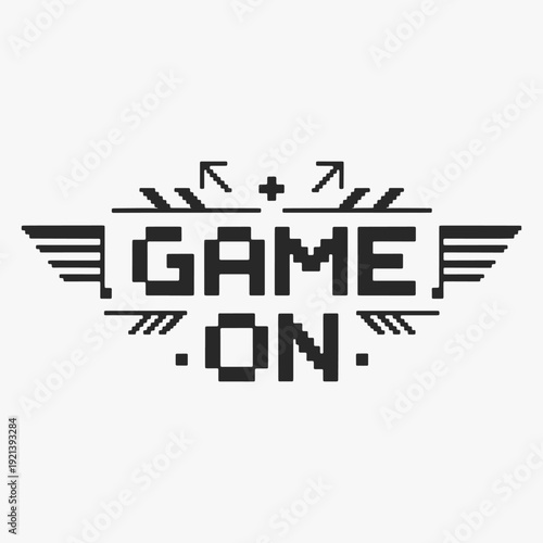 Design Retro pixel art Game On text with decorative elements.