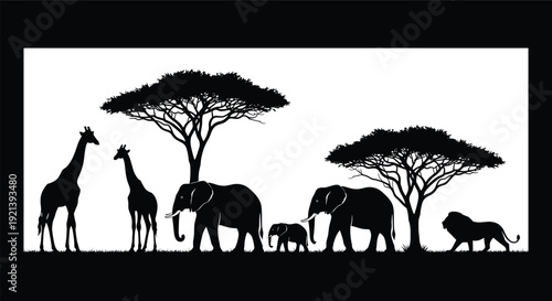African savanna silhouettes, giraffes, elephants, lion, acacia trees, wildlife scene, nature illustration, safari animals, grassland habitat, black border design