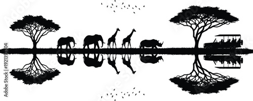 African safari landscape silhouette featuring elephants, giraffes, rhino, acacia trees, and a safari jeep reflected in calm water at sunset.