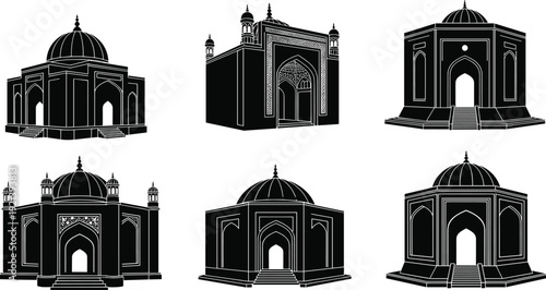 Black and white of various mosque buildings Islamic architecture
