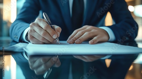 Close-up of a suited professional signing a document with a pen on a glossy desk, hands reflected on the surface, conveying focus and confidence