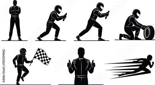 Black silhouettes of racing drivers in various poses white background racing suit