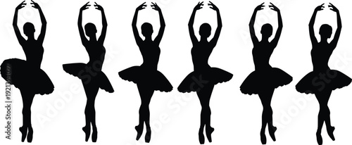 Ballet dancer silhouettes, ballerinas in tutu, graceful poses, standing on one leg, elegant art, dance performance, balance, form, symmetry, beauty