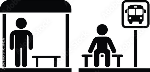 Two people waiting at a bus stop with a bench and a bus sign