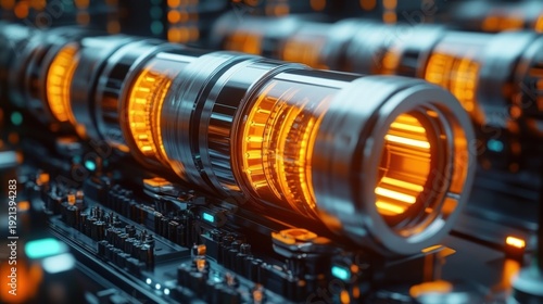 close-up of glowing orange cylindrical power modules and metal tubes mounted on a circuit board with electronic components, evoking futuristic energy and precision