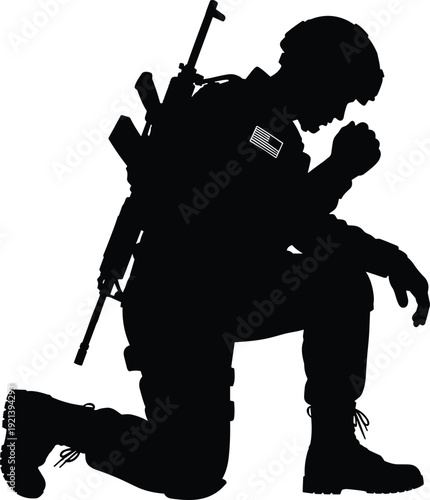 Black silhouette of a kneeling American soldier in tactical gear with a rifle and US flag patch in a moment of reflection or prayer.