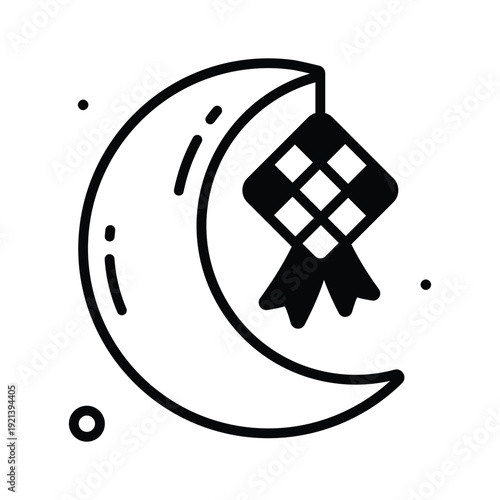 Glyph icon of a crescent moon with a hanging ketupat for Ramadan.