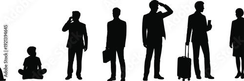 People silhouettes collection, standing business men child traveler black shadow figures isolated professional lifestyle illustration set