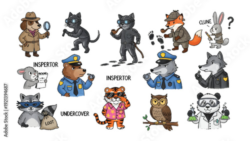 Animal Detectives: A whimsical illustration showcases a colorful array of animal characters dressed as detectives. each of them is holding a detective prop, ready to solve mystery.