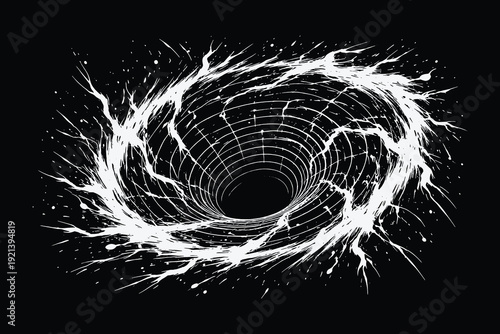 Dynamic Wormhole Vortex Vector Illustration with Swirling Energy and Light Particles in a Hand Drawn Black and White Linocut Style.