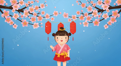 Happy cartoon girl in pink kimono under blooming cherry blossom tree with red lanterns
