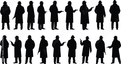 Detective silhouettes collection, spy figures, trench coat, fedora hat, handgun poses, noir style, mystery, secrecy, investigation, crime, shadow art