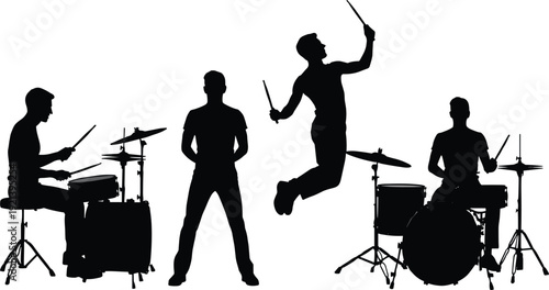 Silhouette of four musicians playing drums on white background band