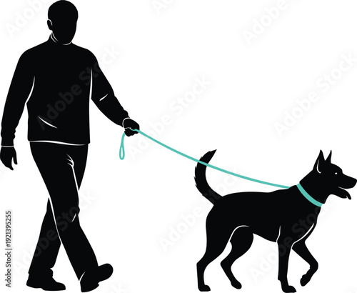 Man Walking Dog on Leash Silhouette Vector Illustration Showing Pet Owner Outdoor Activity, Animal Care, and Daily Walking Routine