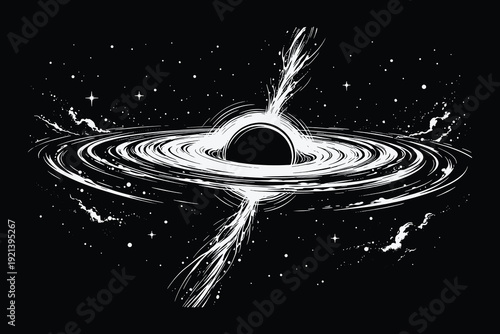 Dramatic Vector Illustration of a Black Hole with Intense Polar Jets and Swirling Cosmic Dust in a Classic Engraving Black and White Style.