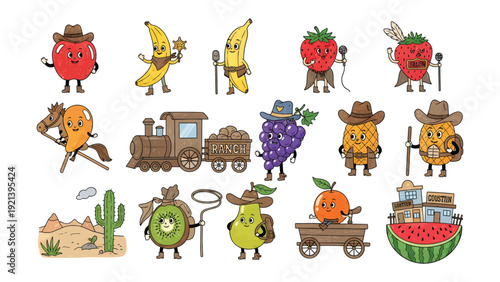Cartoon Fruits in Western Style: Whimsical illustrations depict anthropomorphic fruits embracing the spirit of the Wild West, adorned with cowboy hats and a dash of playful charm.
