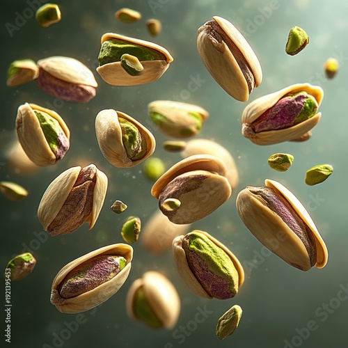 close-up of vibrant pistachio nuts with cracked beige shells and bright green kernels suspended midair, energetic playful floating arrangement with dramatic soft lighting